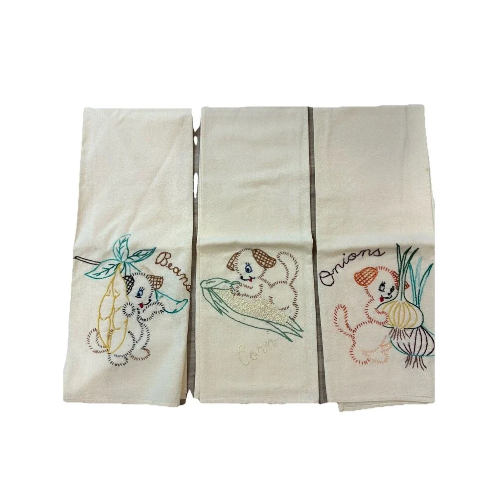 Lot of 3 Vintage Linen Kitchen Hand Towels HAND EMBROIDERED Dogs Vegetables